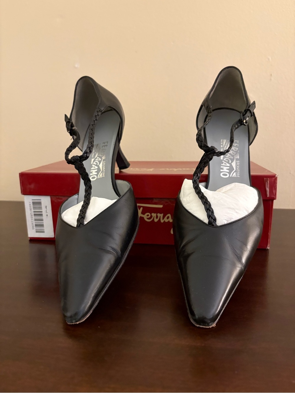 Salvatore Ferragamo Black Braided T-Strap Pointed Leather Kitten Heels